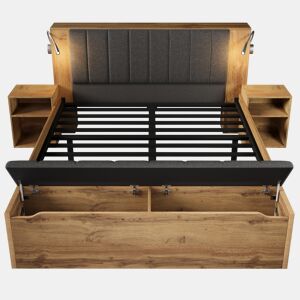 Cama de casal 160x200 cm - com arrumação, cabeceira rebatível, USB e colchão - carvalho