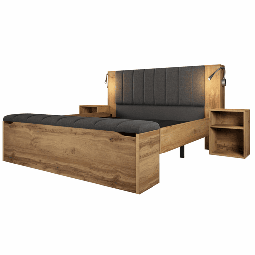 Cama de casal 160x200 cm - com arrumação, cabeceira rebatível, USB e colchão - carvalho
