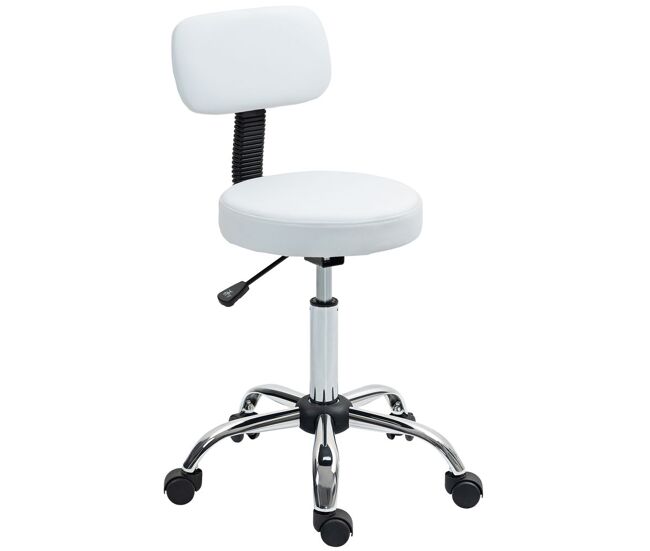 Homcom taburete con ruedas giratorio, taburete de trabajo con respaldo desmontable, altura regulable, tapizado en cuero sintético, para oficina, dormitorio, blanco