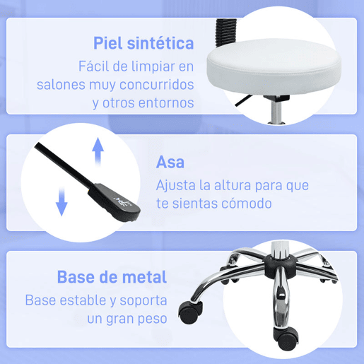 HOMCOM Banco Giratório Banco com Rodas e Encosto Banco de Trabalho com Altura Ajustável 78-93 cm Assento Estofado em Couro Sintético Branco