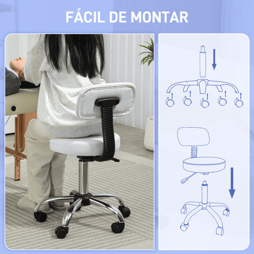 HOMCOM Banco Giratório Banco com Rodas e Encosto Banco de Trabalho com Altura Ajustável 78-93 cm Assento Estofado em Couro Sintético Branco