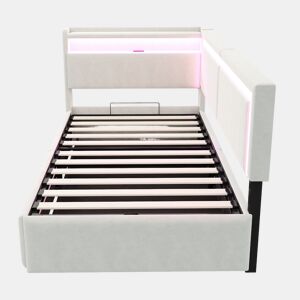 Sofá-cama Polsterbett 90x200 cm - LED, USB, encosto rebatível, arrumação hidráulica - Bege