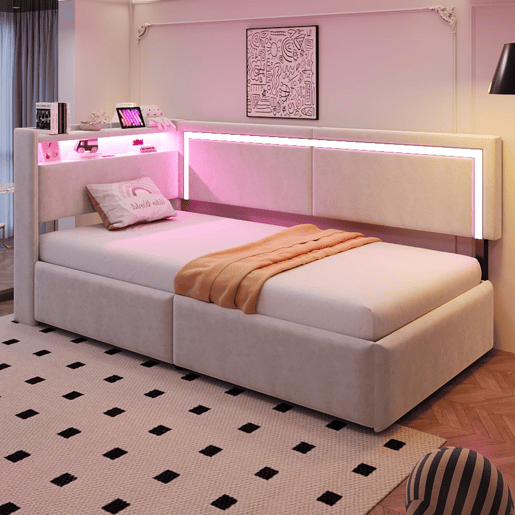 Sofá-cama Polsterbett 90x200 cm - LED, USB, encosto rebatível, arrumação hidráulica - Bege Sofá-cama Polsterbett 90x200 cm - LED, USB, encosto rebatível, arrumação hidráulica - Bege