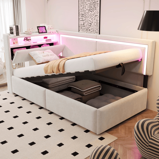 Sofá-cama Polsterbett 90x200 cm - LED, USB, encosto rebatível, arrumação hidráulica - Bege Sofá-cama Polsterbett 90x200 cm - LED, USB, encosto rebatível, arrumação hidráulica - Bege