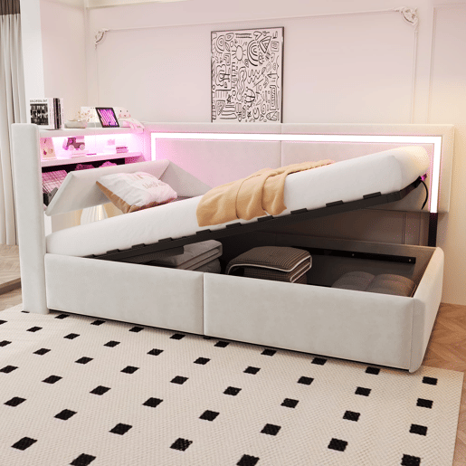 Sofá-cama Polsterbett 90x200 cm - LED, USB, encosto rebatível, arrumação hidráulica - Bege Sofá-cama Polsterbett 90x200 cm - LED, USB, encosto rebatível, arrumação hidráulica - Bege