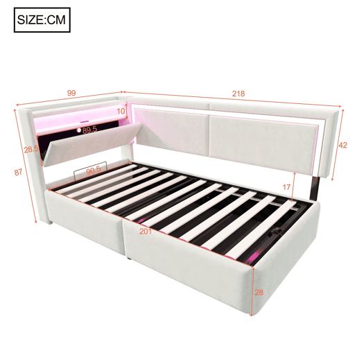 Sofá-cama Polsterbett 90x200 cm - LED, USB, encosto rebatível, arrumação hidráulica - Bege Sofá-cama Polsterbett 90x200 cm - LED, USB, encosto rebatível, arrumação hidráulica - Bege