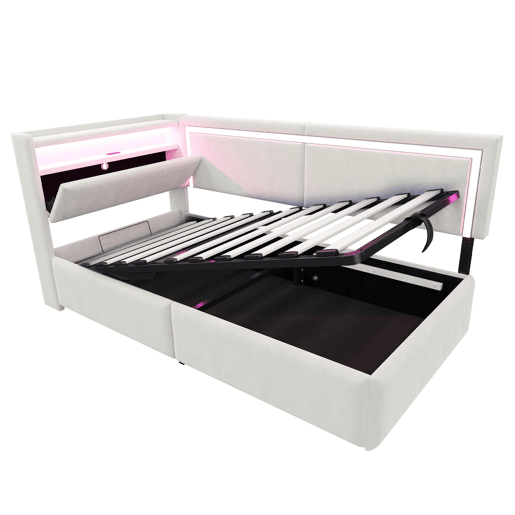 Sofá-cama Polsterbett 90x200 cm - LED, USB, encosto rebatível, arrumação hidráulica - Bege Sofá-cama Polsterbett 90x200 cm - LED, USB, encosto rebatível, arrumação hidráulica - Bege