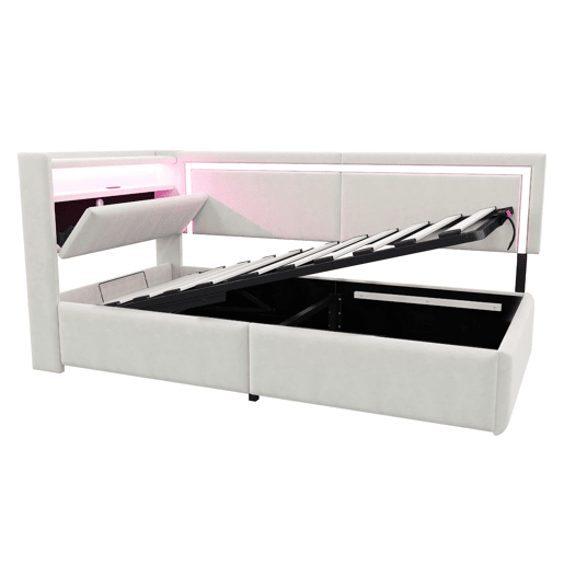 Sofá-cama Polsterbett 90x200 cm - LED, USB, encosto rebatível, arrumação hidráulica - Bege Sofá-cama Polsterbett 90x200 cm - LED, USB, encosto rebatível, arrumação hidráulica - Bege