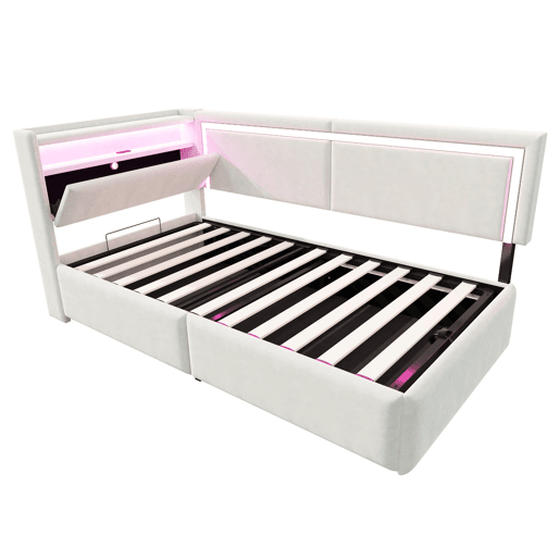 Sofá-cama Polsterbett 90x200 cm - LED, USB, encosto rebatível, arrumação hidráulica - Bege Sofá-cama Polsterbett 90x200 cm - LED, USB, encosto rebatível, arrumação hidráulica - Bege