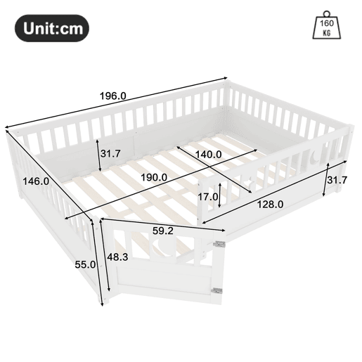 Cama painel, 140 x 190 cm - Cama infantil com grade, decoração de estrelas e lua - Branco