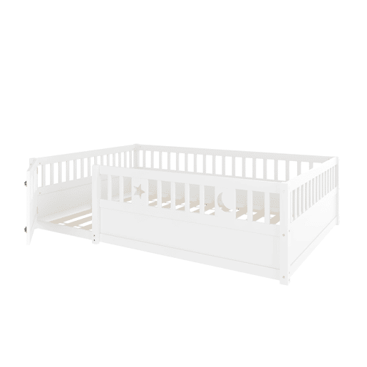 Cama painel, 140 x 190 cm - Cama infantil com grade, decoração de estrelas e lua - Branco
