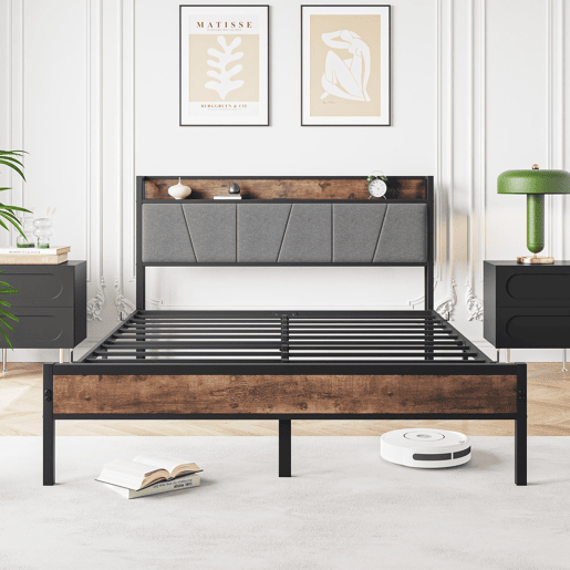 Cama metálica 140x200 - LED inteligente, cabeceira com USB, sem estrado - castanho antigo