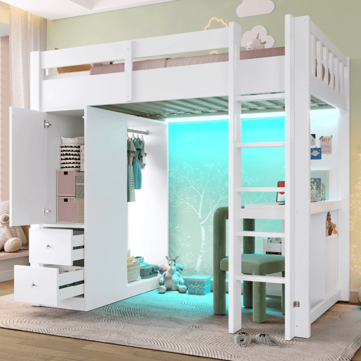 Cama alta 90x200 - 4 gavetas, armário, secretária, LED e USB - Branco Cama alta 90x200 - 4 gavetas, armário, secretária, LED e USB - Branco