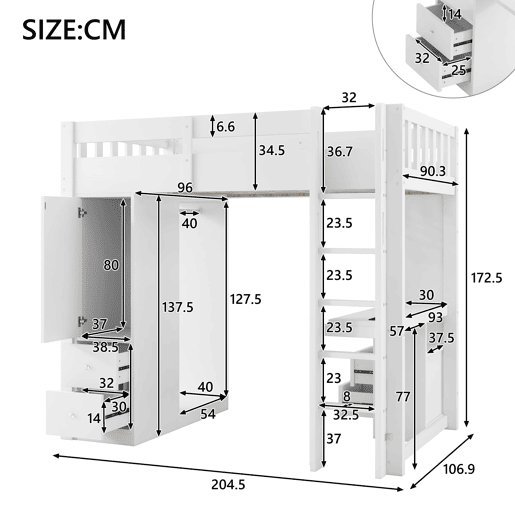 Cama alta 90x200 - 4 gavetas, armário, secretária, LED e USB - Branco Cama alta 90x200 - 4 gavetas, armário, secretária, LED e USB - Branco