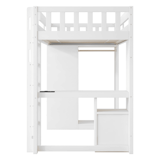 Cama alta 90x200 - 4 gavetas, armário, secretária, LED e USB - Branco Cama alta 90x200 - 4 gavetas, armário, secretária, LED e USB - Branco