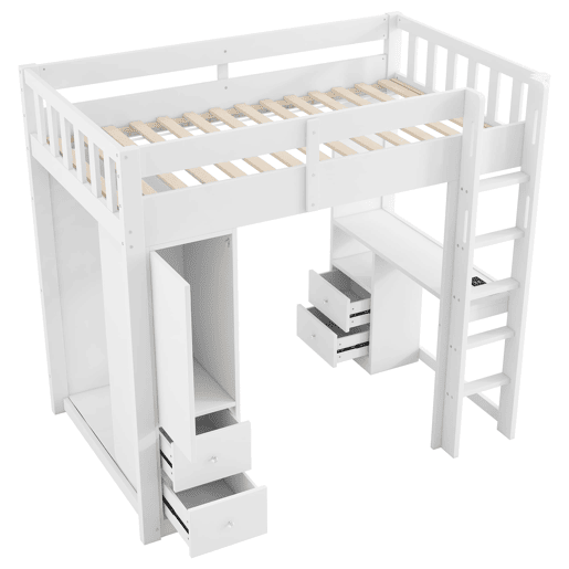 Cama alta 90x200 - 4 gavetas, armário, secretária, LED e USB - Branco Cama alta 90x200 - 4 gavetas, armário, secretária, LED e USB - Branco