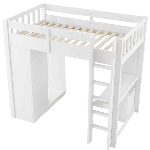 Cama alta 90x200 - 4 gavetas, armário, secretária, LED e USB - Branco Cama alta 90x200 - 4 gavetas, armário, secretária, LED e USB - Branco