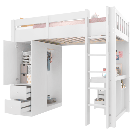 Cama alta 90x200 - 4 gavetas, armário, secretária, LED e USB - Branco Cama alta 90x200 - 4 gavetas, armário, secretária, LED e USB - Branco