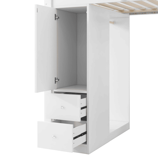 Cama alta 90x200 - 4 gavetas, armário, secretária, LED e USB - Branco Cama alta 90x200 - 4 gavetas, armário, secretária, LED e USB - Branco