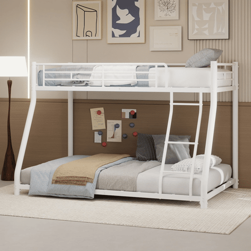 Beliche metálico Twin sobre Full - estrutura metálica resistente, com escada e corrimão completo - Branco