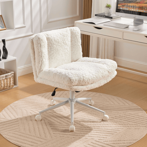 Cadeira de escritório 26,4 - Assento largo, pêlo sintético, base metálica, giratória - Creme