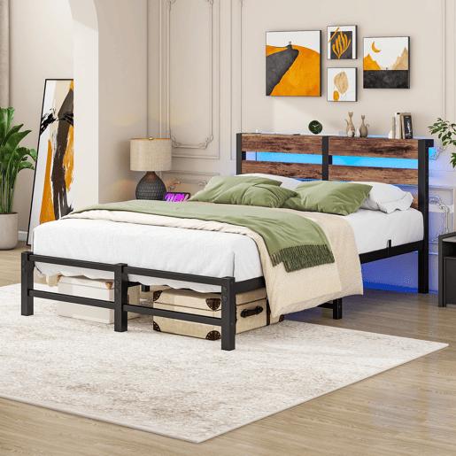 Cama 120x200 - Estrutura metálica com LED e USB, arrumação debaixo da cama - PretoCastanho