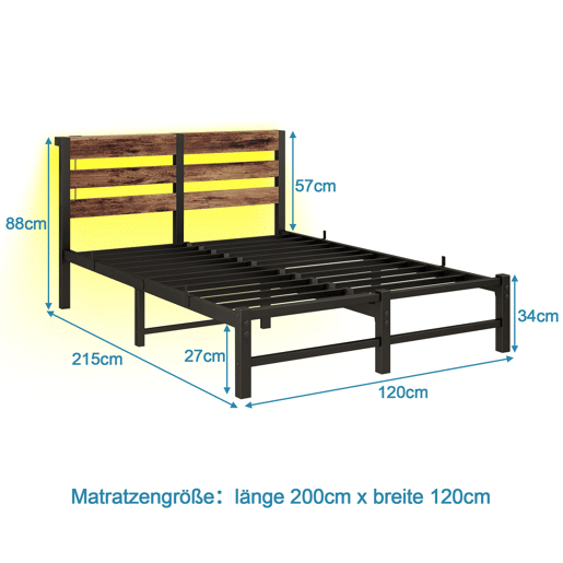 Cama 120x200 - Estrutura metálica com LED e USB, arrumação debaixo da cama - PretoCastanho