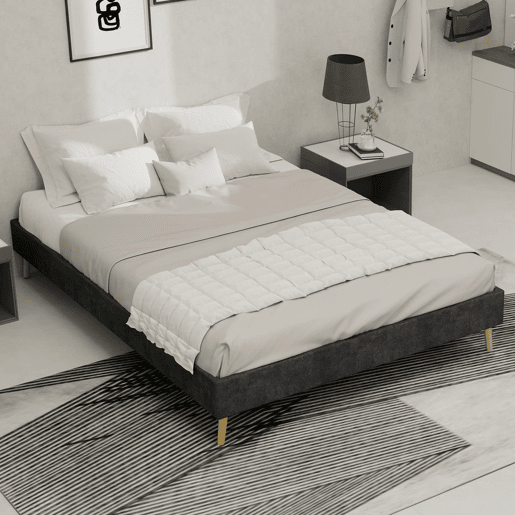Cama minimalista moderna 140x200 - Base baixa, veludo holandês - Cinza