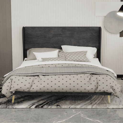 Cama estofada 160x200 - Minimalista com cabeceira suave, base baixa sem arrumação - Cinza