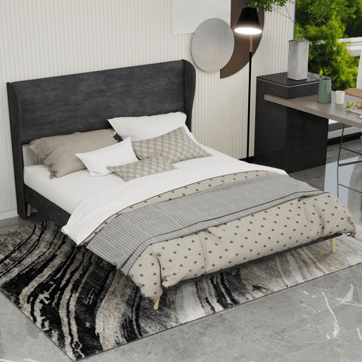 Cama estofada 160x200 - Minimalista com cabeceira suave, base baixa sem arrumação - Cinza