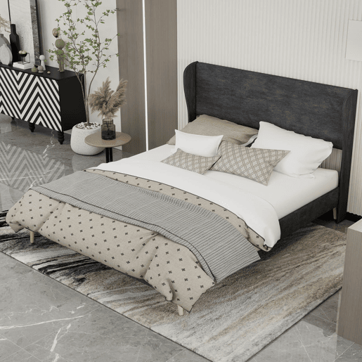 Cama estofada 160x200 - Minimalista com cabeceira suave, base baixa sem arrumação - Cinza
