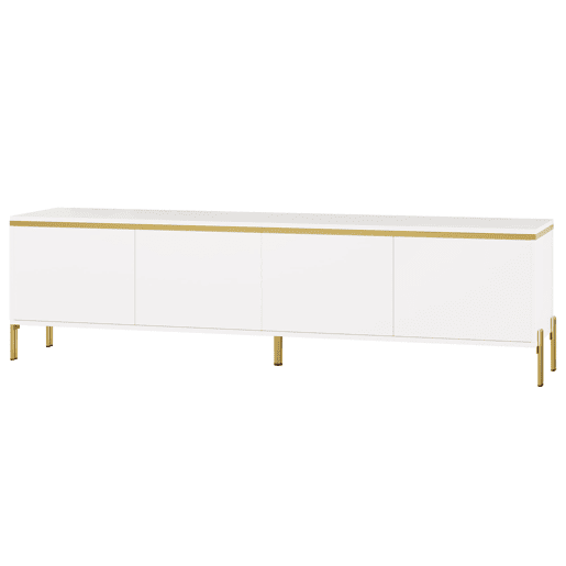 Móvel de TV moderno - 4 portas, alto brilho, ranhura para cabos, rebordo dourado - Branco Móvel de TV moderno - 4 portas, alto brilho, ranhura para cabos, rebordo dourado - Branco