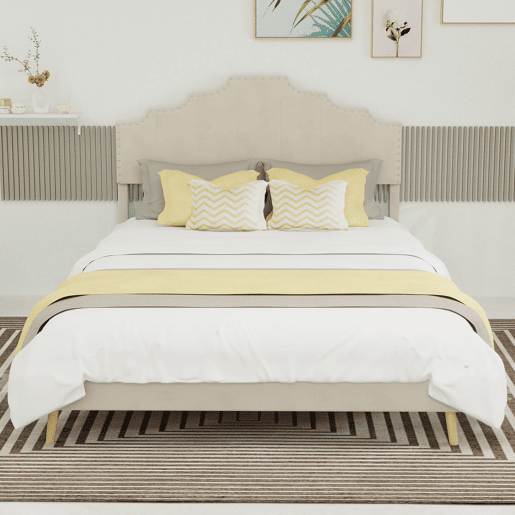 Cama estofada 140x200 - Moderna, cabeceira suave e confortável, estrutura baixa - Bege