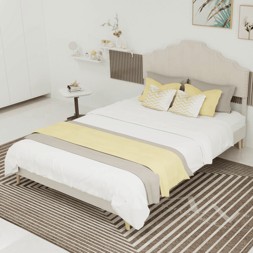 Cama estofada 140x200 - Moderna, cabeceira suave e confortável, estrutura baixa - Bege