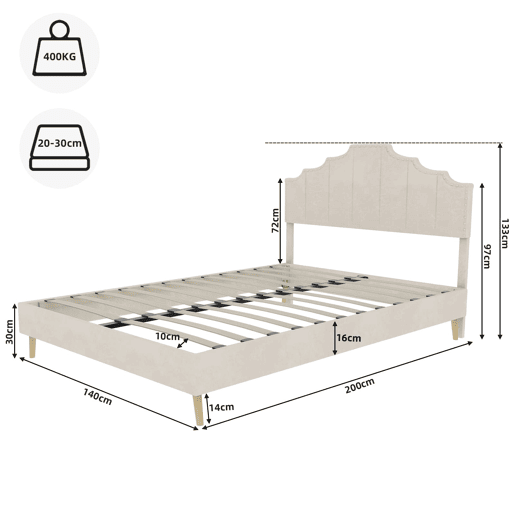 Cama estofada 140x200 - Moderna, cabeceira suave e confortável, estrutura baixa - Bege
