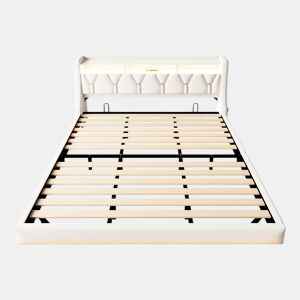 Cama estofada 180 x 200 cm - Cabeceira rebatível com tomada elétrica e prateleira, iluminação LED, pés ampliados, design flutuante, tecido de veludo bege