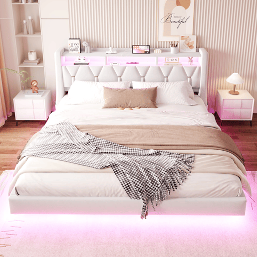 Cama estofada 180 x 200 cm - Cabeceira rebatível com tomada elétrica e prateleira, iluminação LED, pés ampliados, design flutuante, tecido de veludo bege