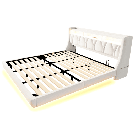 Cama estofada 180 x 200 cm - Cabeceira rebatível com tomada elétrica e prateleira, iluminação LED, pés ampliados, design flutuante, tecido de veludo bege