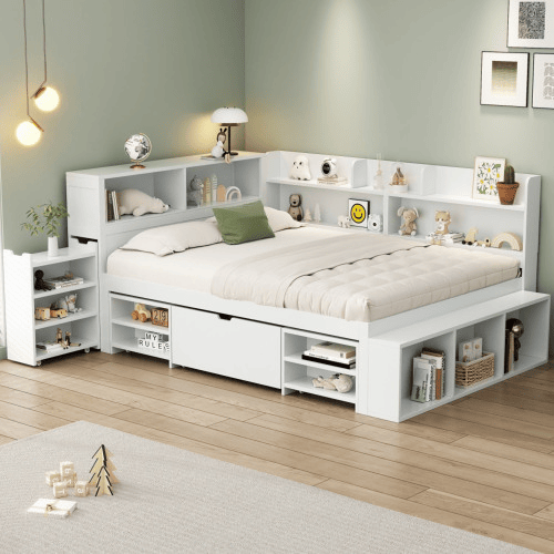 Cama infantil 140x190 cm - multifuncional com gavetas e prateleiras - branco