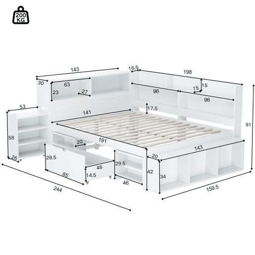 Cama infantil 140x190 cm - multifuncional com gavetas e prateleiras - branco
