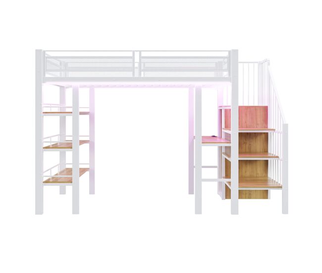 Cama alta 90x200 - con luz led, enchufe, estante y biblioteca - blanco