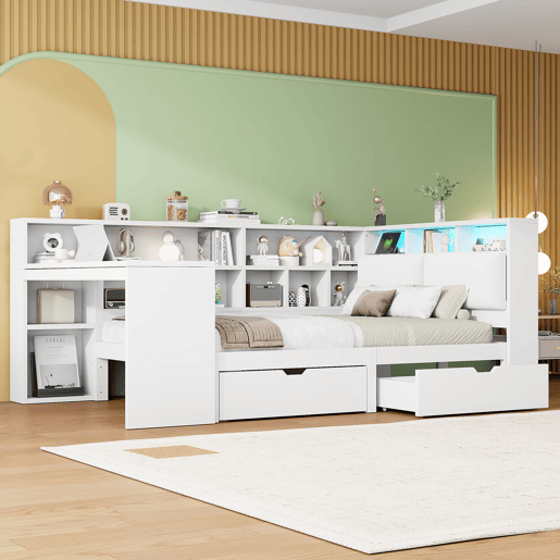 Cama plataforma em L 140x200 - Secretária, estante, cabeceira estofada, LED e gavetas - Branco