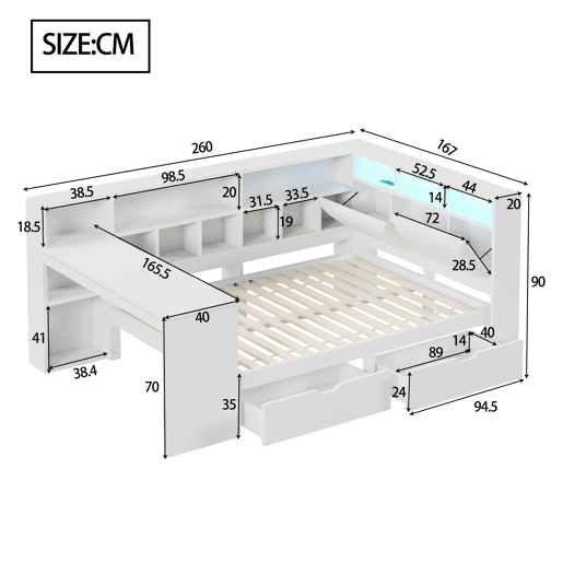 Cama plataforma em L 140x200 - Secretária, estante, cabeceira estofada, LED e gavetas - Branco