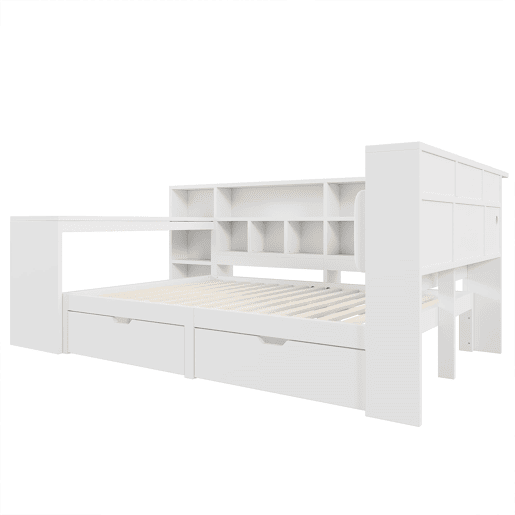 Cama plataforma em L 140x200 - Secretária, estante, cabeceira estofada, LED e gavetas - Branco