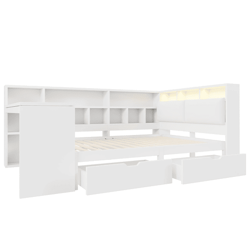 Cama plataforma em L 140x200 - Secretária, estante, cabeceira estofada, LED e gavetas - Branco