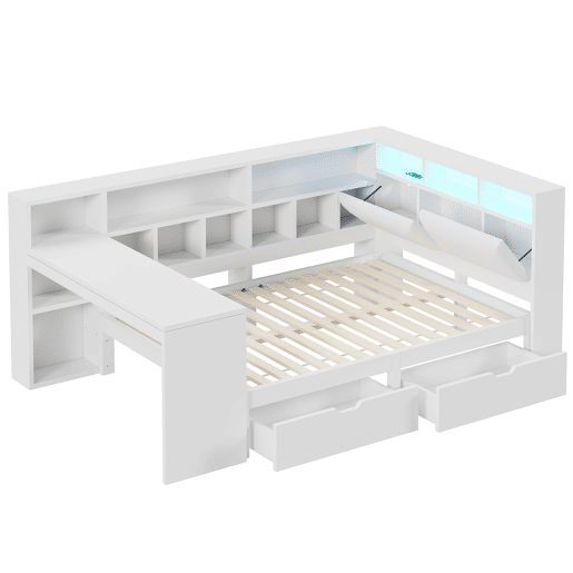 Cama plataforma em L 140x200 - Secretária, estante, cabeceira estofada, LED e gavetas - Branco