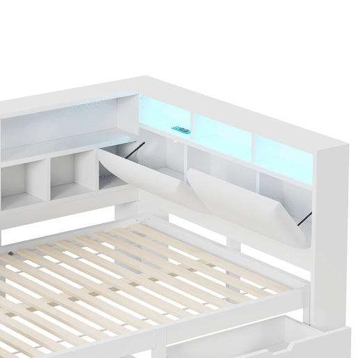 Cama plataforma em L 140x200 - Secretária, estante, cabeceira estofada, LED e gavetas - Branco