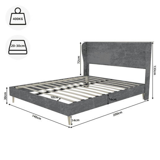 Cama estofada 140x200 - Cabeceira macia, base baixa sem arrumação - Cinza Cama estofada 140x200 - Cabeceira macia, base baixa sem arrumação - Cinza