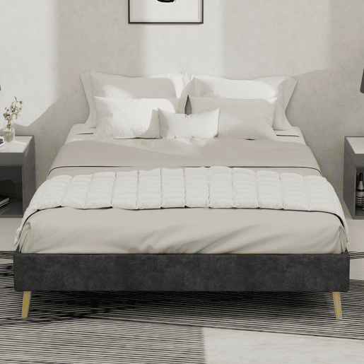 Cama minimalista moderna 140x200 - baixa, veludo holandês, sem canapé nem cabeceira - cinzenta