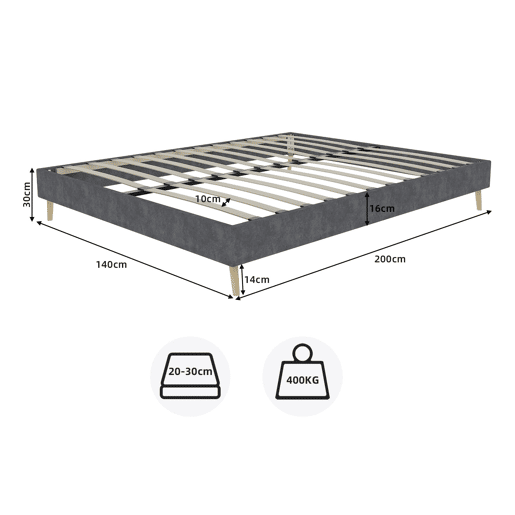 Cama minimalista moderna 140x200 - baixa, veludo holandês, sem canapé nem cabeceira - cinzenta